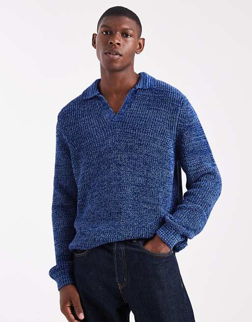 ASOS DESIGN relaxed knitted notch neck polo in blue twist
