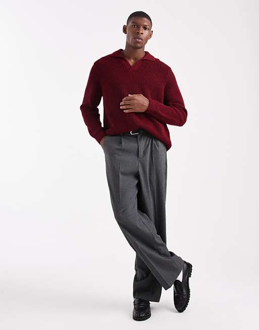 ASOS DESIGN Relaxed Knitted Notch Neck Polo In Red Twist