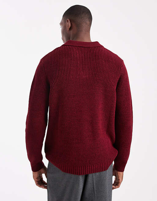ASOS DESIGN Relaxed Knitted Notch Neck Polo In Red Twist