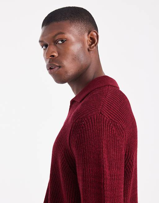 ASOS DESIGN Relaxed Knitted Notch Neck Polo In Red Twist