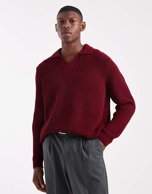 ASOS DESIGN relaxed knitted notch neck polo in red twist