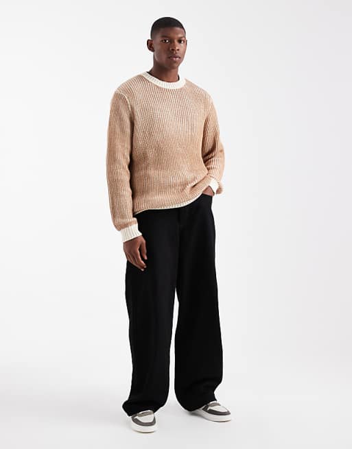 ASOS DESIGN Relaxed Knitted Plated Rib Crew Neck Jumper In Stone