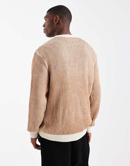 ASOS DESIGN Relaxed Knitted Plated Rib Crew Neck Jumper In Stone