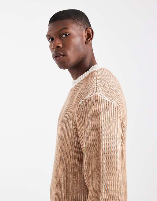 ASOS DESIGN Relaxed Knitted Plated Rib Crew Neck Jumper In Stone