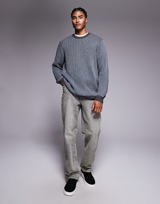 ASOS DESIGN Relaxed Knitted Plated Rib Crew Neck Jumper In Grey
