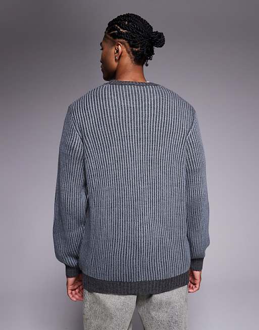 ASOS DESIGN Relaxed Knitted Plated Rib Crew Neck Jumper In Grey
