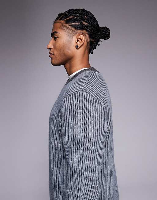 ASOS DESIGN Relaxed Knitted Plated Rib Crew Neck Jumper In Grey
