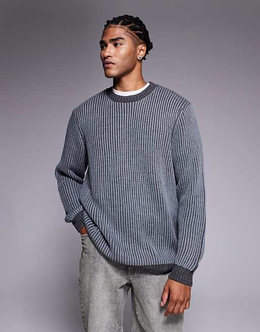 ASOS DESIGN relaxed knitted plated rib crew neck jumper in grey
