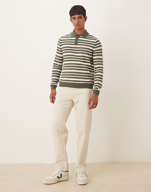 ASOS DESIGN Relaxed Knitted Polo In Green And White Stripe
