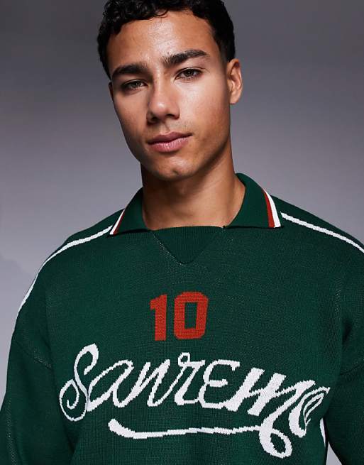 ASOS DESIGN Relaxed Knitted Polo With Sport Graphic In Dark Green