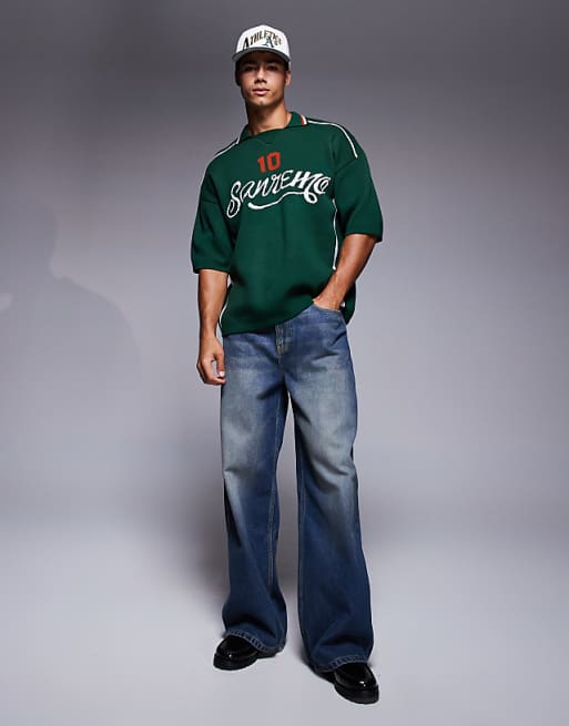 ASOS DESIGN Relaxed Knitted Polo With Sport Graphic In Dark Green
