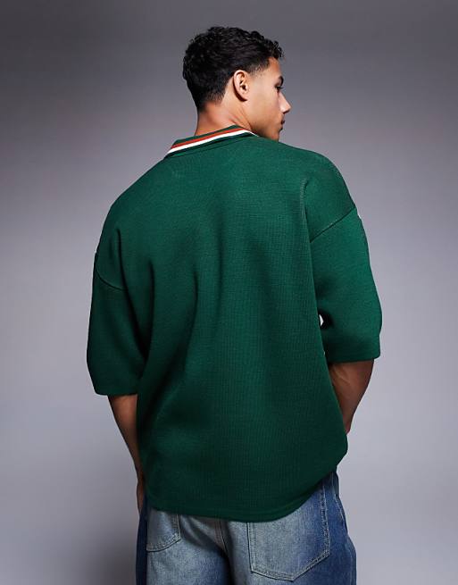 ASOS DESIGN Relaxed Knitted Polo With Sport Graphic In Dark Green