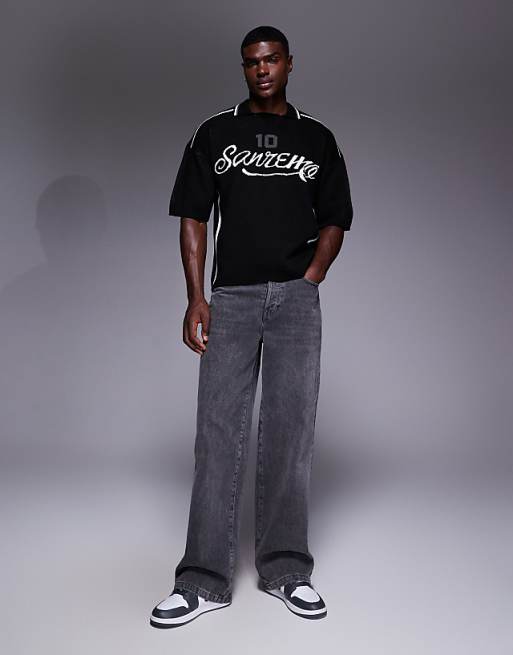 ASOS DESIGN Relaxed Knitted Polo With Sport Graphic In Black