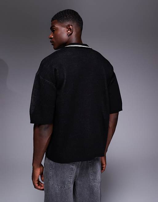 ASOS DESIGN Relaxed Knitted Polo With Sport Graphic In Black