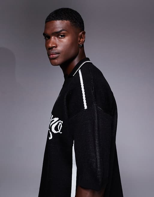 ASOS DESIGN Relaxed Knitted Polo With Sport Graphic In Black