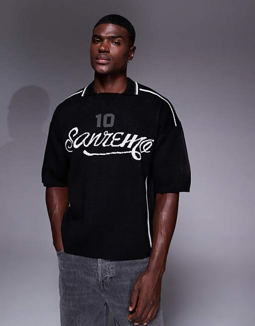 ASOS DESIGN relaxed knitted polo with sport graphic in black