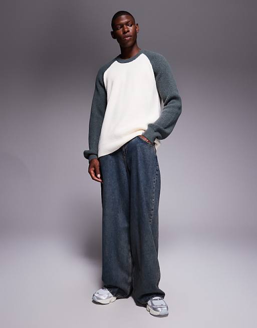 ASOS DESIGN Relaxed Knitted Raglan Long Sleeve Crew Neck Jumper In White