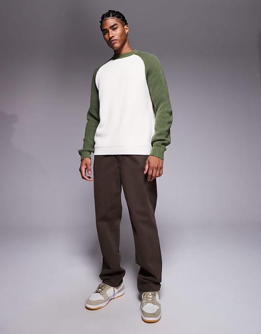 ASOS DESIGN Relaxed Knitted Raglan Long Sleeve Crew Neck Jumper In Cream