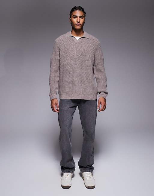 ASOS DESIGN Relaxed Knitted Rib Notch Neck Polo In Mink