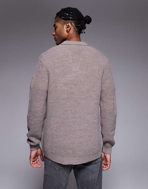 ASOS DESIGN Relaxed Knitted Rib Notch Neck Polo In Mink