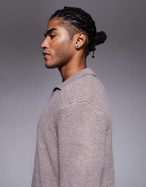 ASOS DESIGN Relaxed Knitted Rib Notch Neck Polo In Mink
