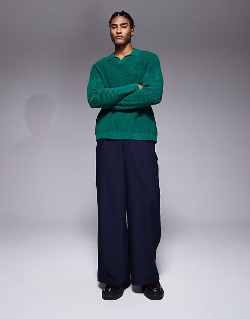 ASOS DESIGN Relaxed Knitted Rib Notch Neck Polo In Green