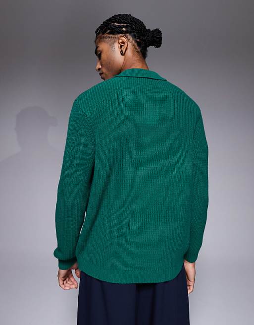ASOS DESIGN Relaxed Knitted Rib Notch Neck Polo In Green