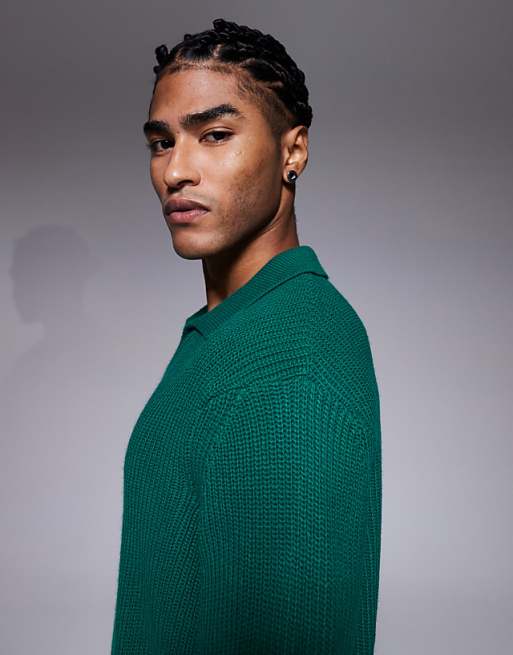 ASOS DESIGN Relaxed Knitted Rib Notch Neck Polo In Green