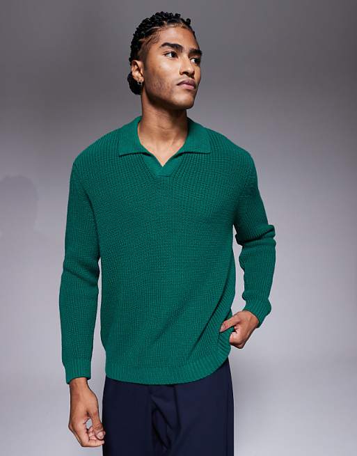 ASOS DESIGN relaxed knitted rib notch neck polo in green
