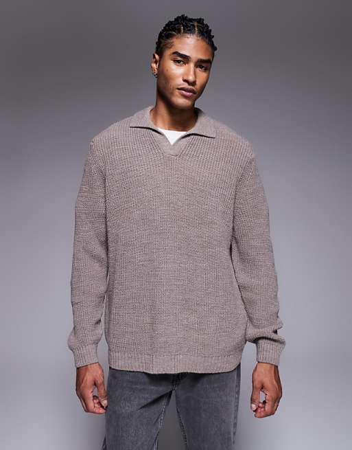 ASOS DESIGN relaxed knitted rib notch neck polo in mink