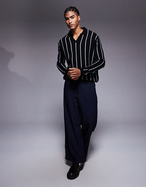 ASOS DESIGN Relaxed Knitted Stripe Notch Neck Polo In Black