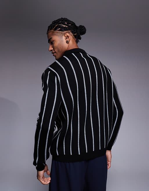ASOS DESIGN Relaxed Knitted Stripe Notch Neck Polo In Black