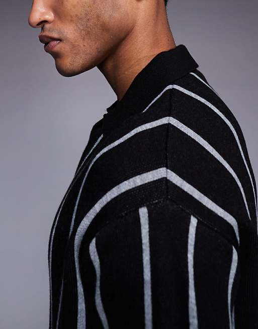 ASOS DESIGN Relaxed Knitted Stripe Notch Neck Polo In Black