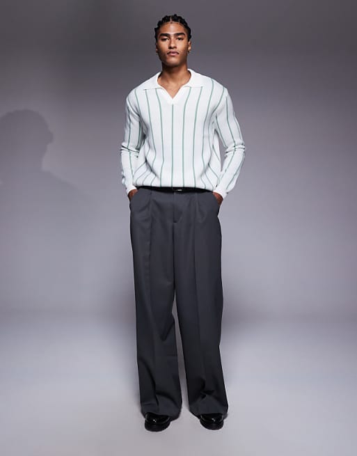 ASOS DESIGN Relaxed Knitted Stripe Notch Neck Polo In Ecru