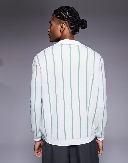 ASOS DESIGN Relaxed Knitted Stripe Notch Neck Polo In Ecru