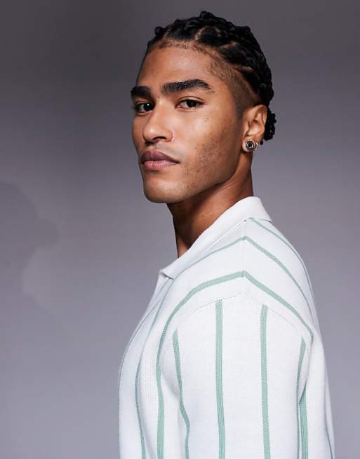 ASOS DESIGN Relaxed Knitted Stripe Notch Neck Polo In Ecru