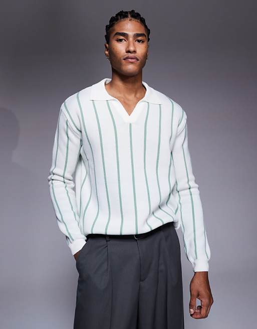 ASOS DESIGN relaxed knitted stripe notch neck polo in ecru