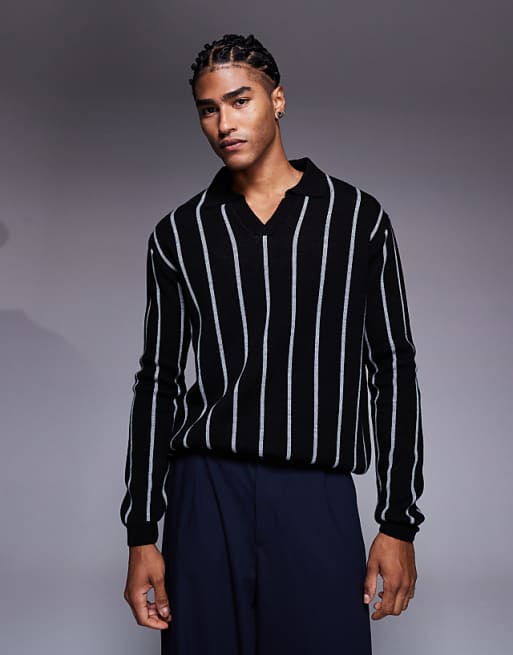 ASOS DESIGN relaxed knitted stripe notch neck polo in black