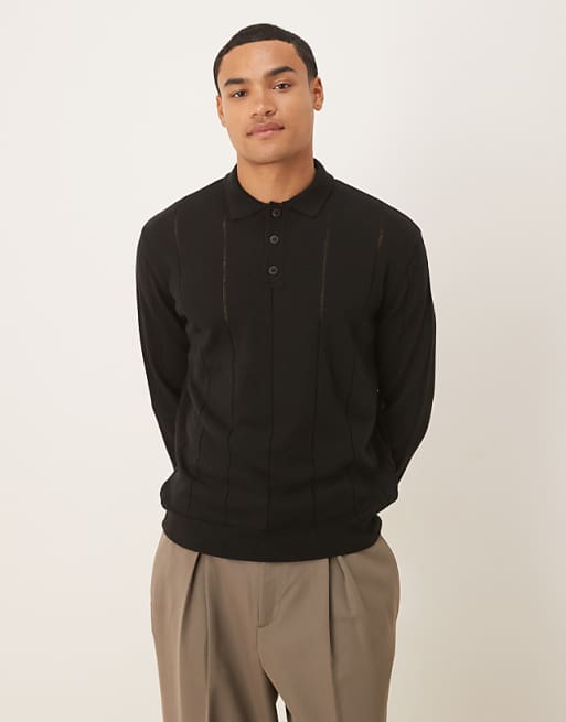ASOS DESIGN relaxed knitted stripe polo in black