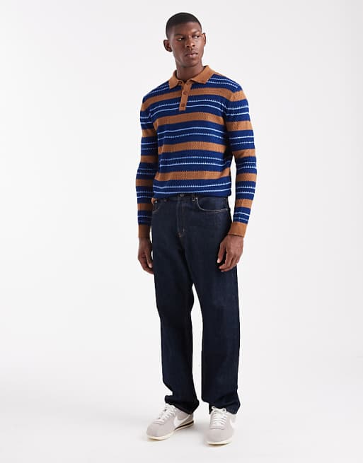 ASOS DESIGN Relaxed Knitted Stripe Polo In Tan