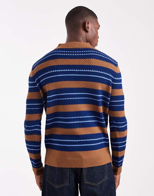 ASOS DESIGN Relaxed Knitted Stripe Polo In Tan