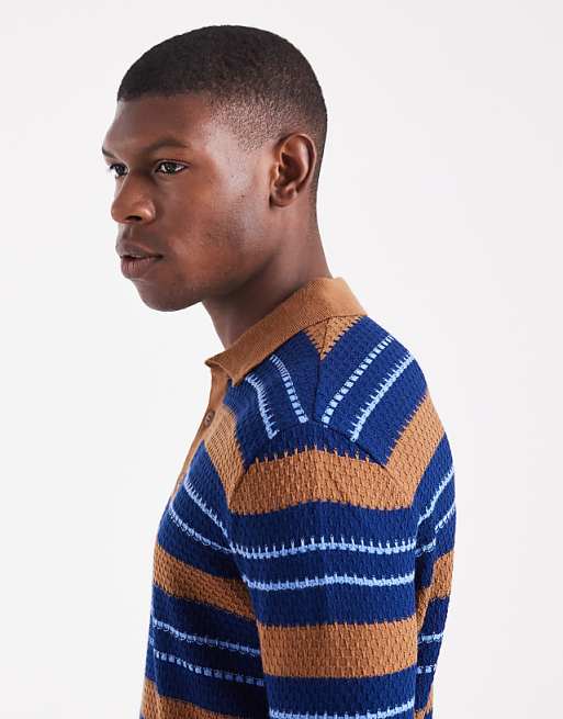 ASOS DESIGN Relaxed Knitted Stripe Polo In Tan