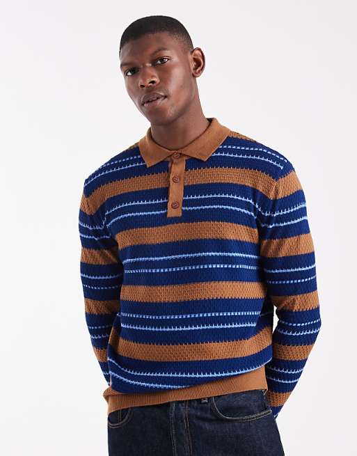 ASOS DESIGN relaxed knitted stripe polo in tan
