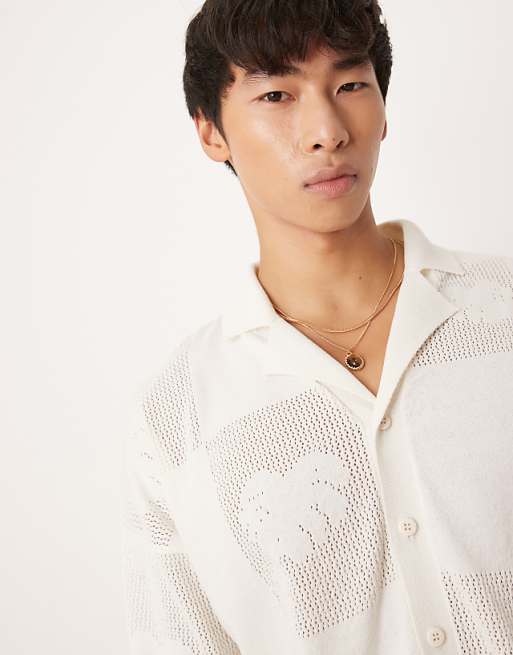 ASOS DESIGN Relaxed Knitted Textured Floral Button Through Polo In Cream