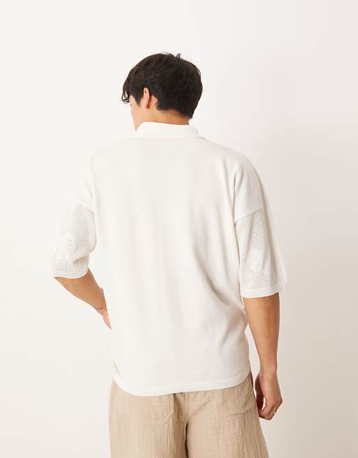 ASOS DESIGN Relaxed Knitted Textured Floral Button Through Polo In Cream