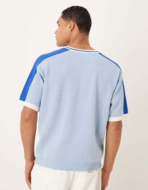 ASOS DESIGN Relaxed Knitted V-neck T-shirt With Euphoria Graphic In Light Blue