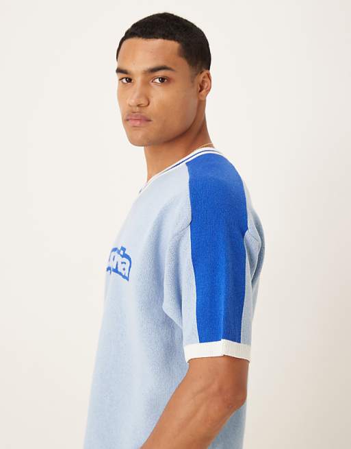 ASOS DESIGN Relaxed Knitted V-neck T-shirt With Euphoria Graphic In Light Blue