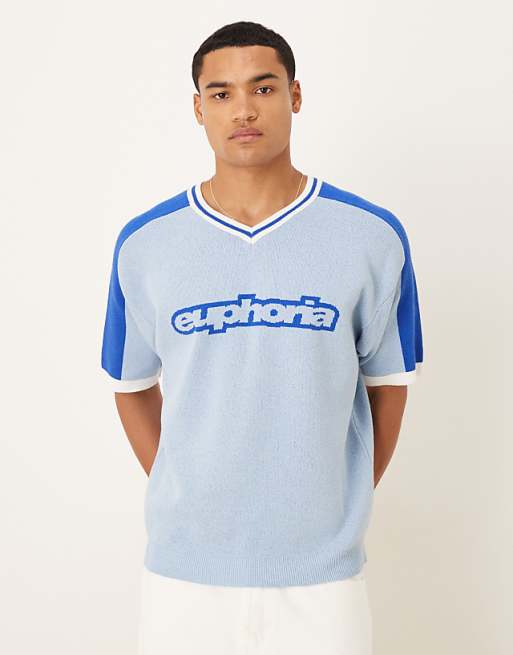 ASOS DESIGN relaxed knitted v-neck t-shirt with Euphoria graphic in light blue