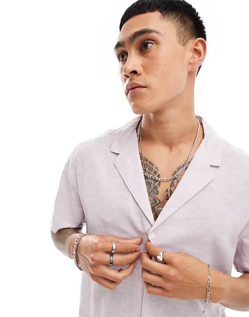 ASOS DESIGN Relaxed Linen Blend Shirt With Deep Revere Collar In Lilac