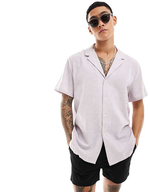 ASOS DESIGN relaxed linen blend shirt with deep revere collar in lilac